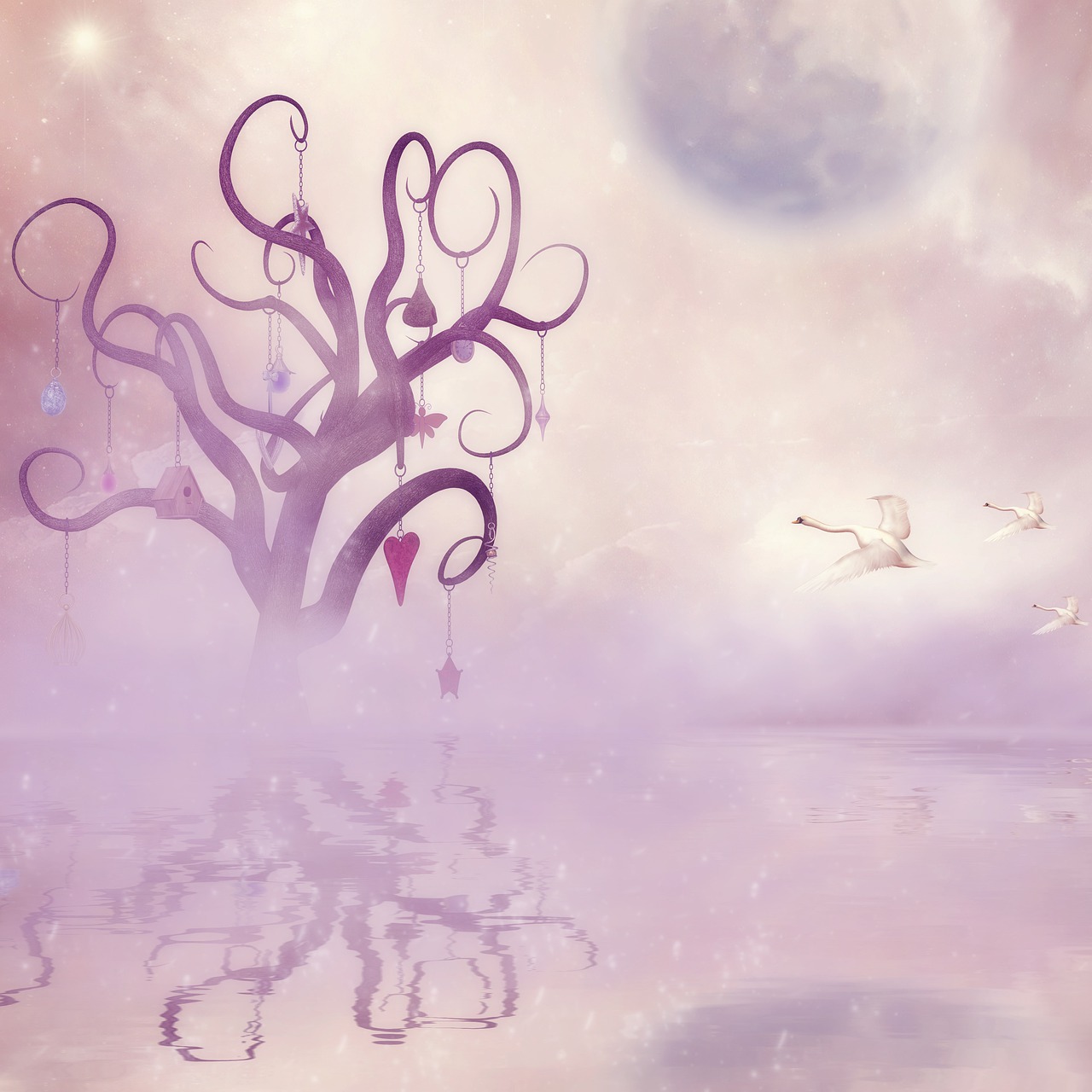 Fantasy Tree Moon Water Swans  - Darkmoon_Art / Pixabay